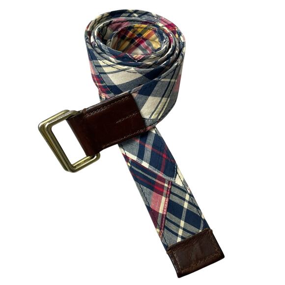 Brooks Brothers Cotton Leather Belt Mens Medium Blue Multi Plaid Preppy 1.5in - Picture 1 of 10
